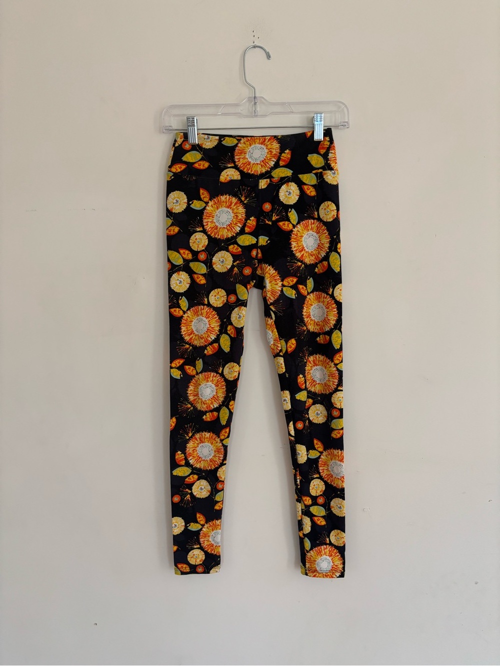 LuLaRoe One Size Black Floral Leggings Orange Yellow Sunflower Print